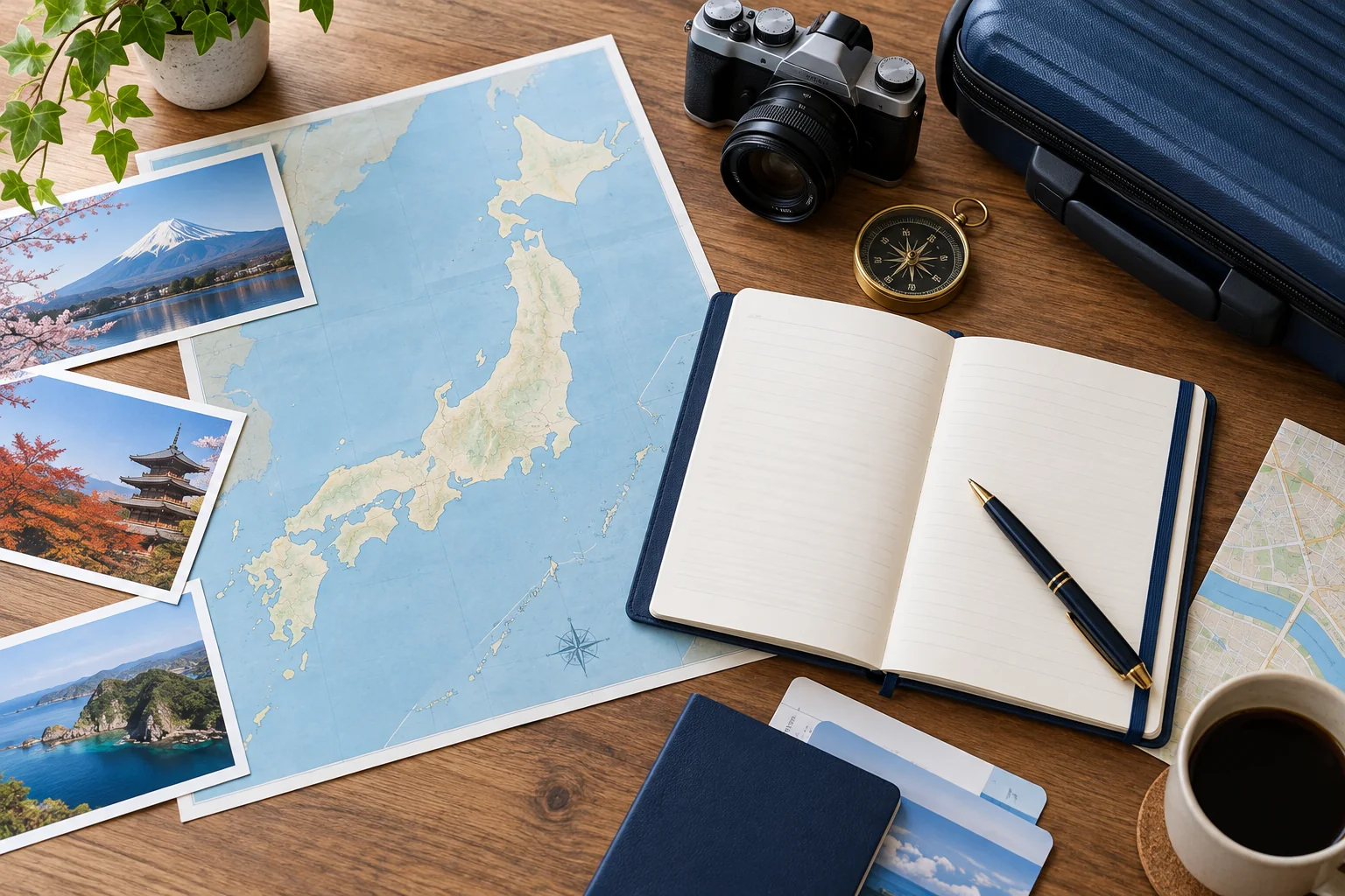 Travel planning with a map of Japan and an itinerary notebook