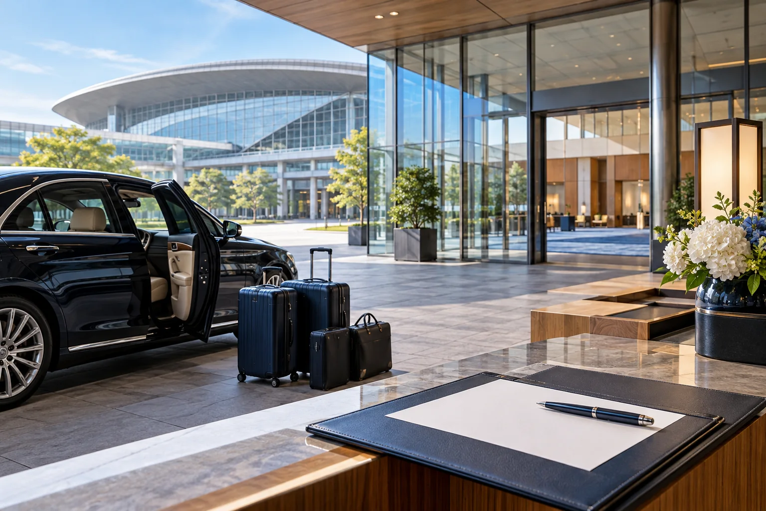 展示会場入口の専用車と業務日程資料のイメージ